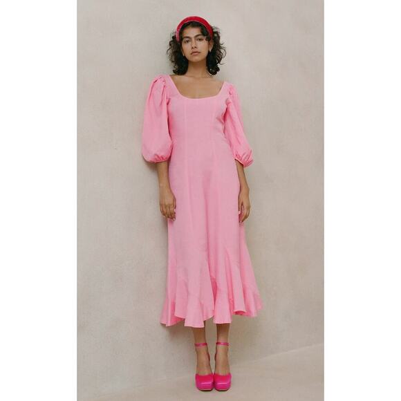 Loeffler Randall Carmina Bubblegum Pink Curve Puff Sleeve Midi Maxi Dress NEW - Picture 1 of 10